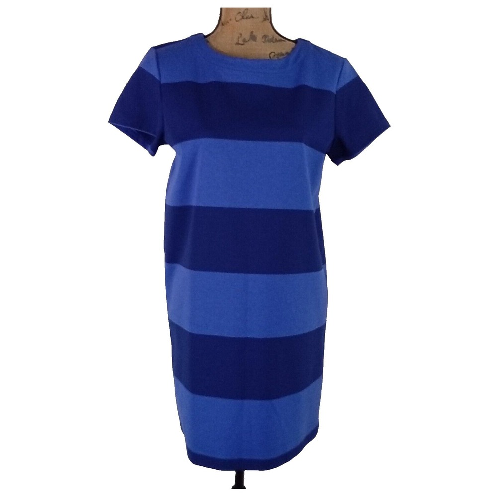 NWT Gap Dress MED Blue Colorblock Stripe Short Sl Pull Over Midi Stretch Shift‎
